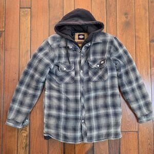 DICKIES Flannel Jacket Quilted Lining Size S Relaxed Fit Hooded Plaid *Read